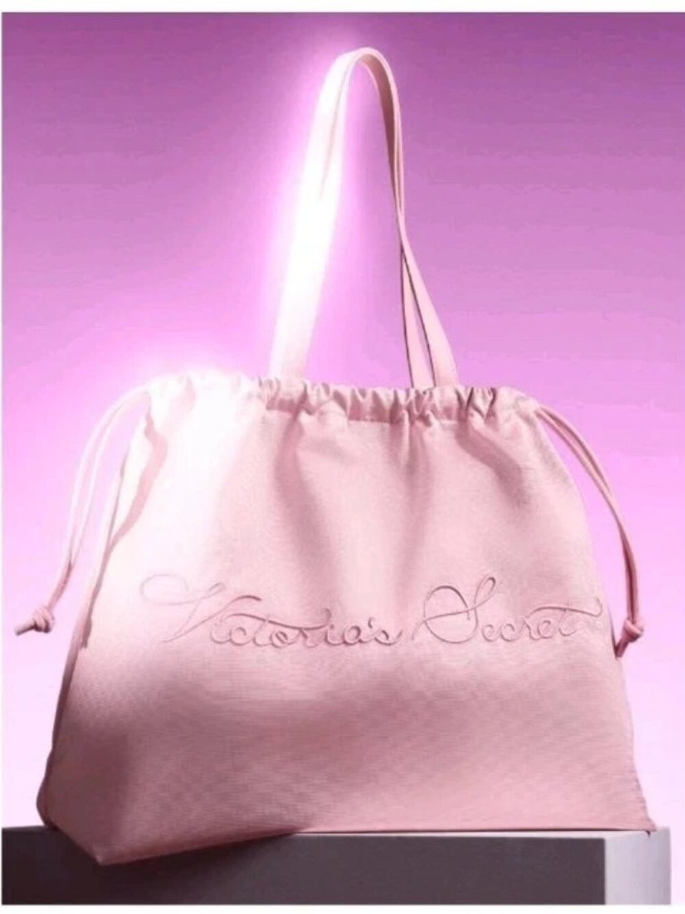 Victoria's Secret Cinched Pink Satin Large Size Tote Bag Drawstring Closure NWT